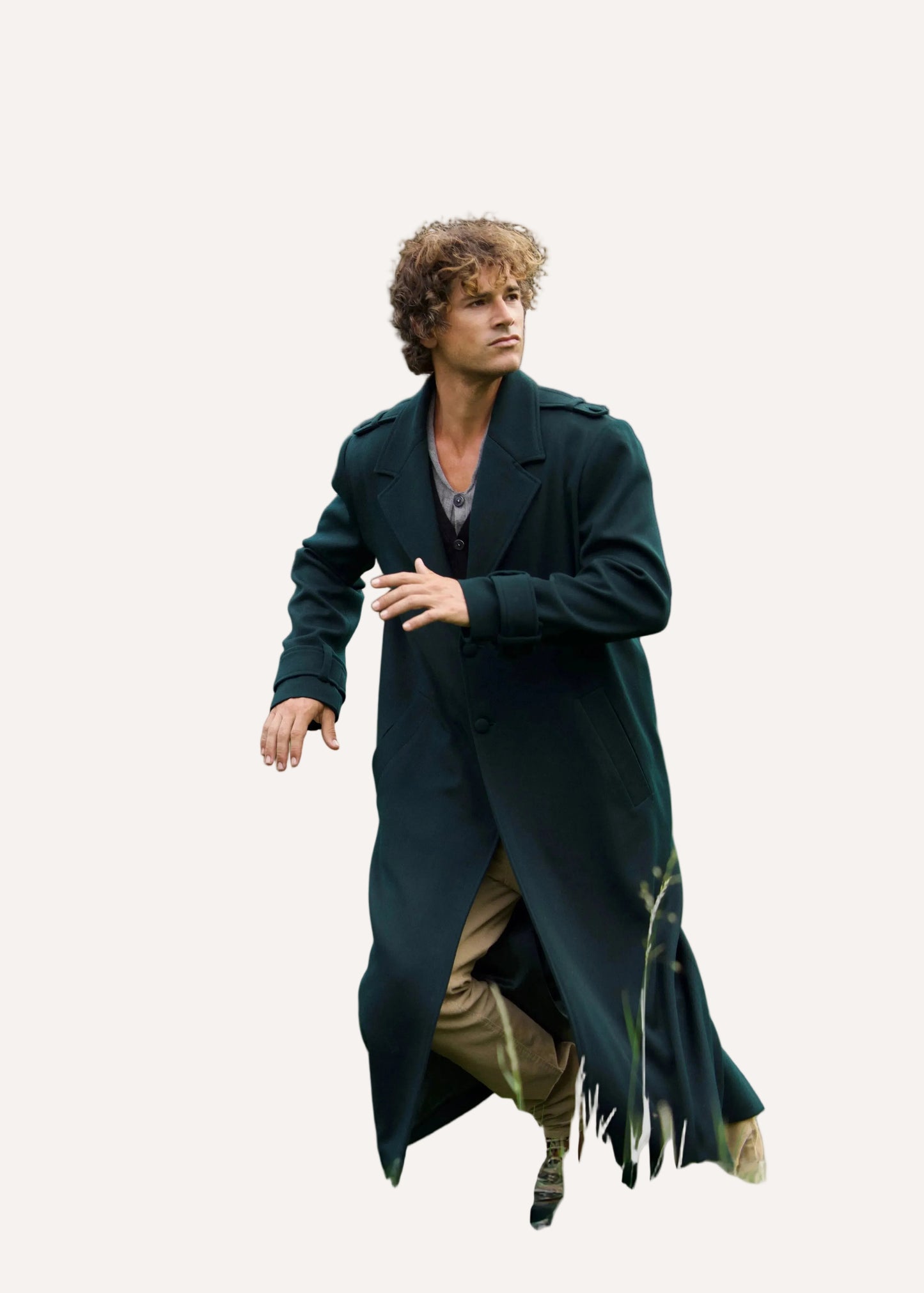 Green wool coat for men by Gorina Atelier front view with model