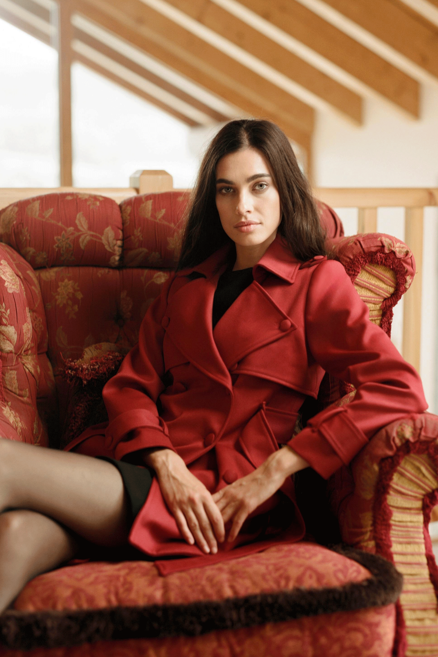 Red short wool trench coat for women Sculpted Grace by Gorina Atelier front view with model