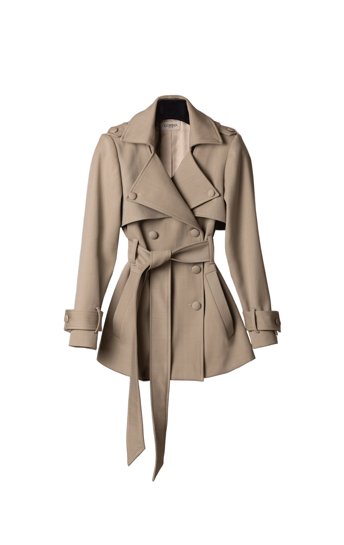 Sculpted Grace beige wool short trench front view