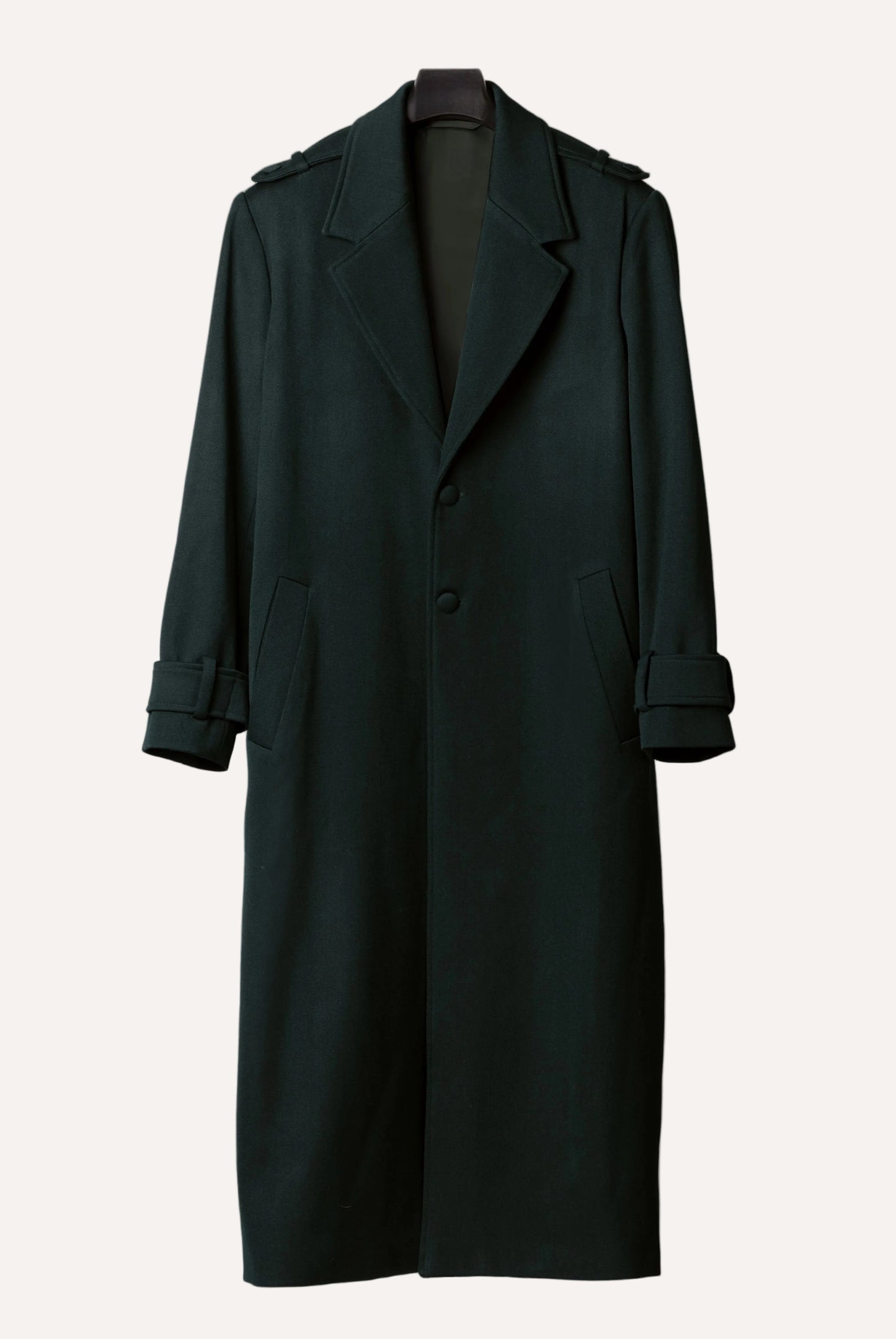 Bottle green wool coat for men by Gorina Atelier front view