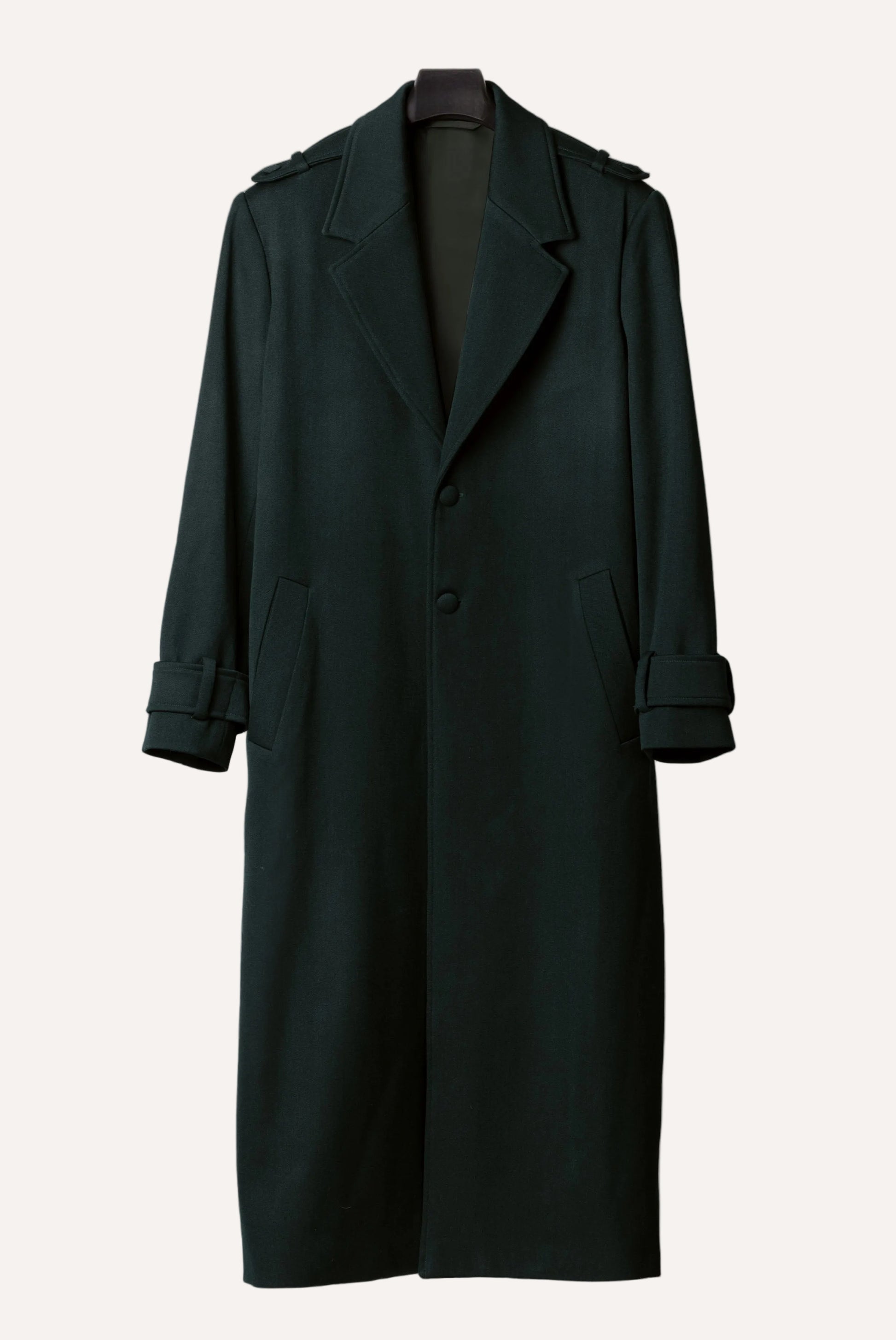 Bottle green wool coat for men by Gorina Atelier front view