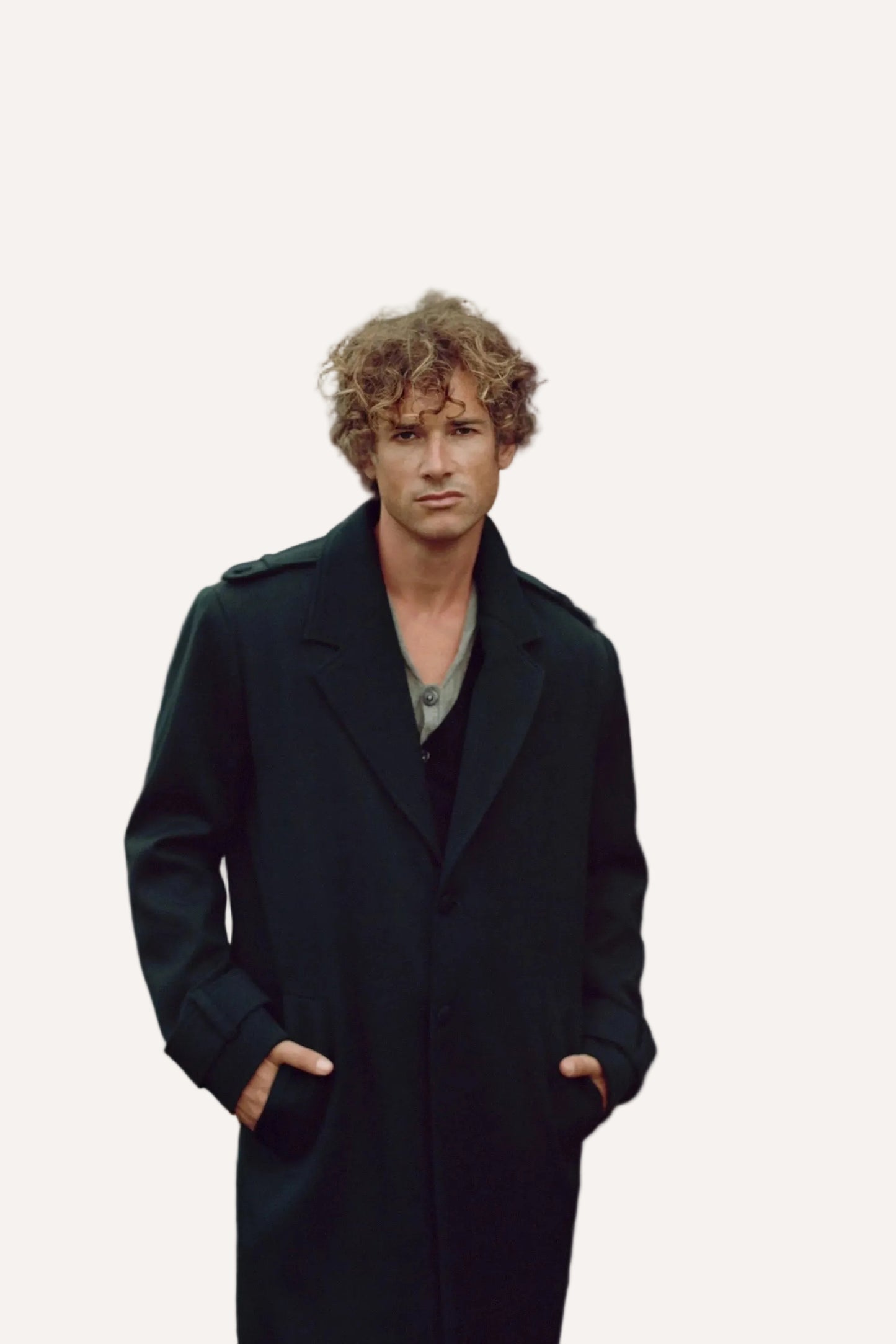 Green wool coat for men by Gorina Atelier front view with model