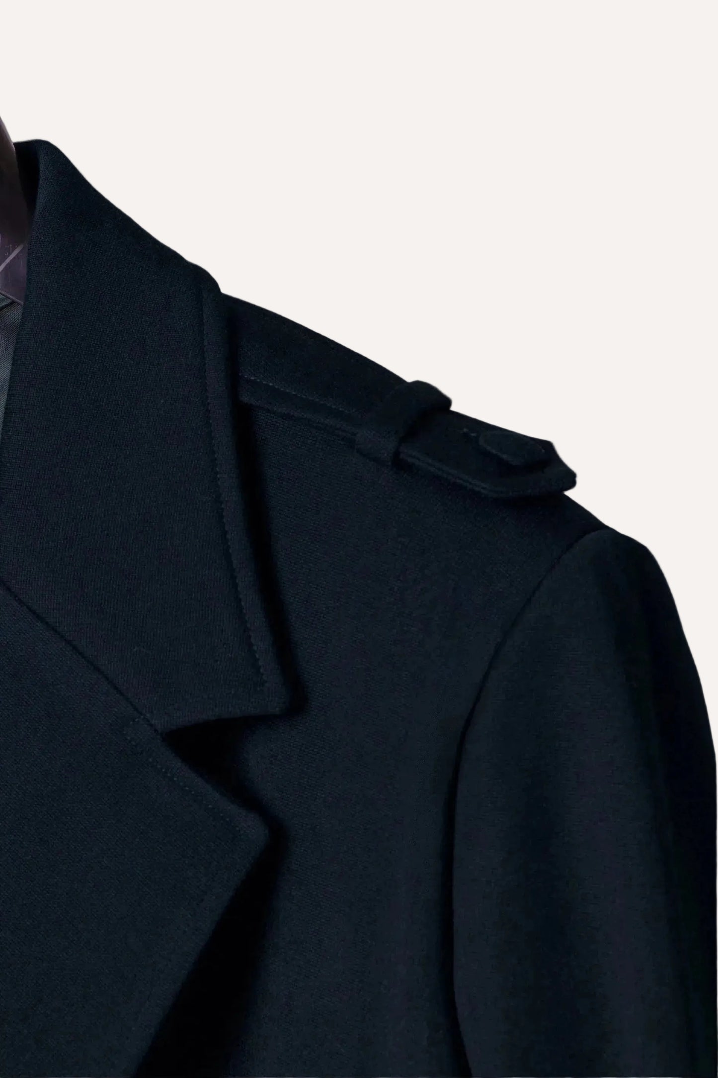 Navy wool coat for men by Gorina Atelier front view detail