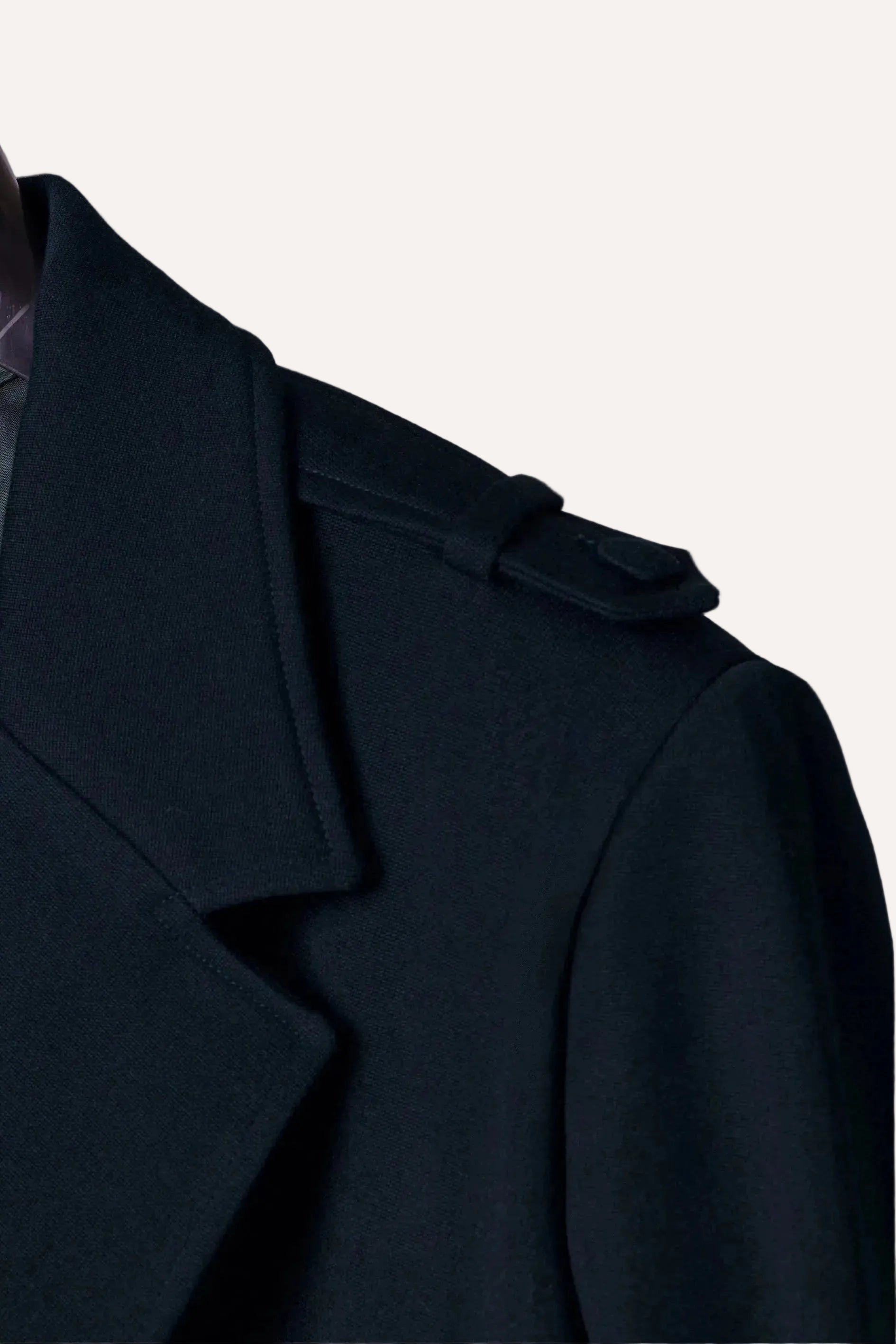 Navy wool coat for men by Gorina Atelier front view detail