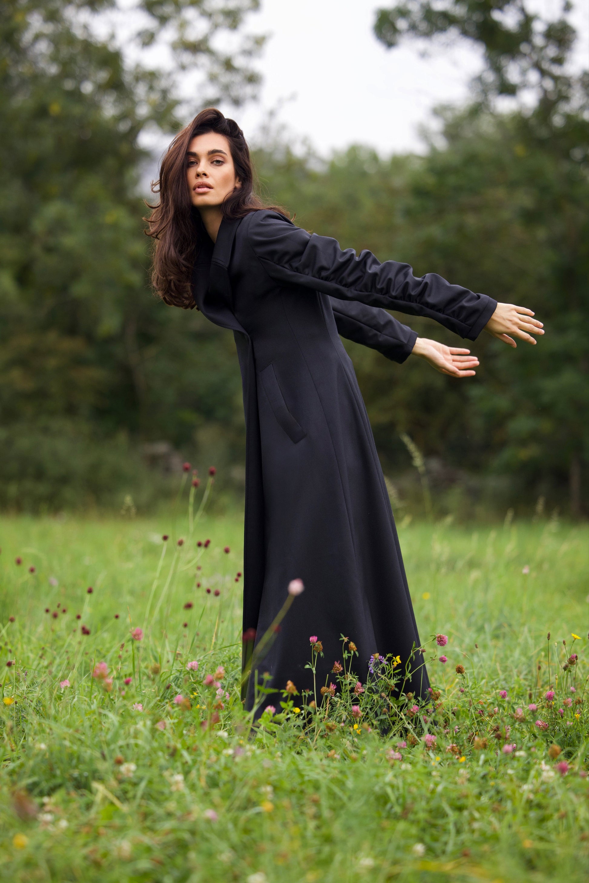 Black wool coat for women Lunar by Gorina Atelier profile view