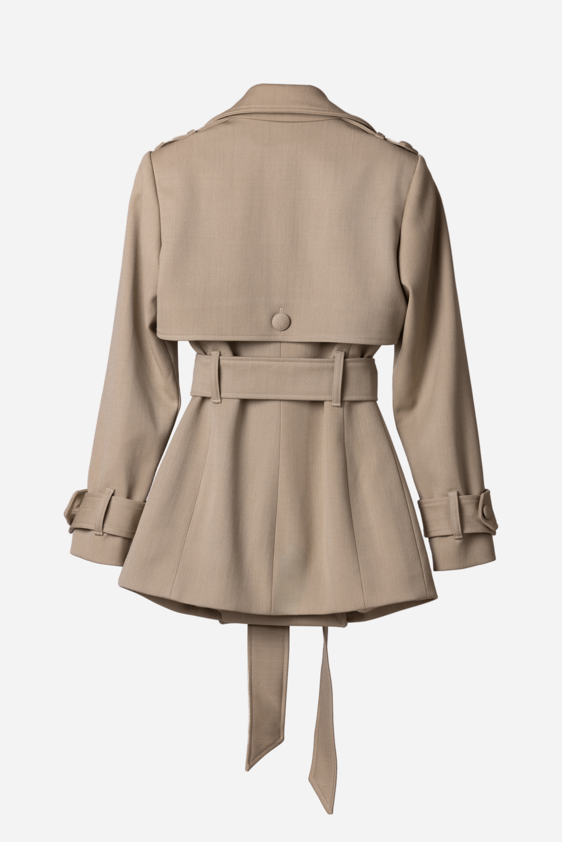 Beige short wool trench coat for women Sculpted Grace by Gorina Atelier back view