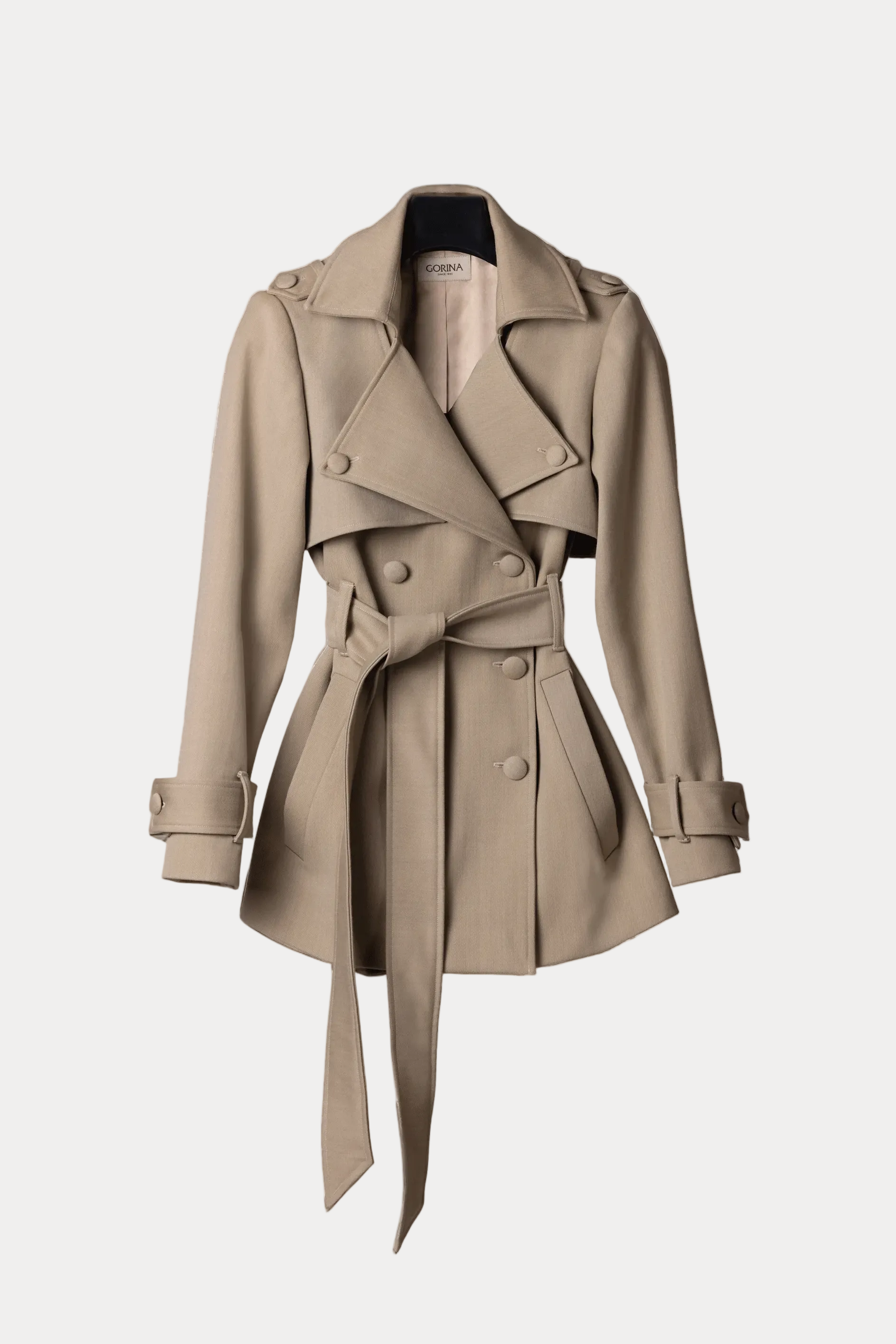 Beige short wool trench coat for women Sculpted Grace by Gorina Atelier front view