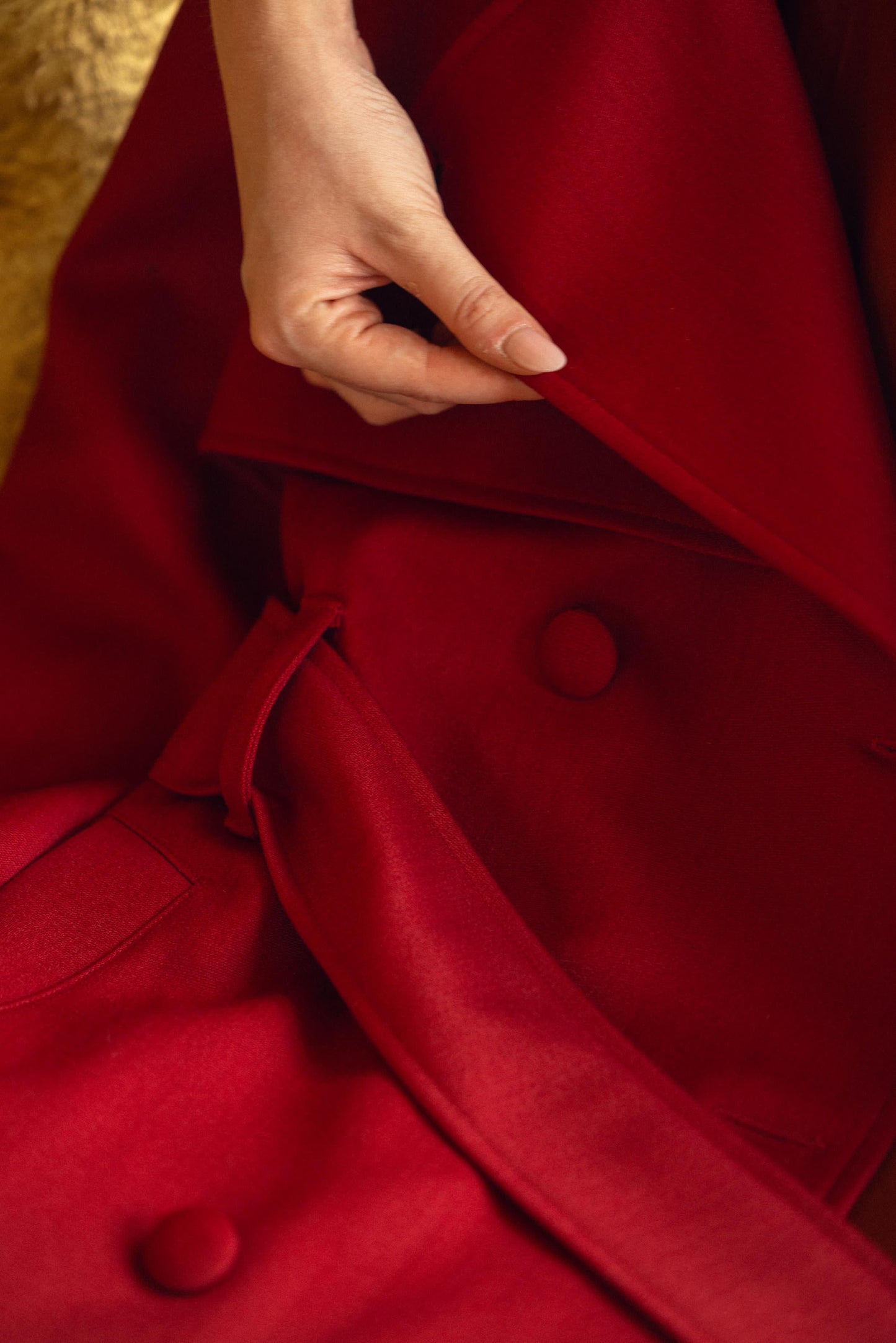 Red short wool trench coat for women Sculpted Grace by Gorina Atelier front view detail