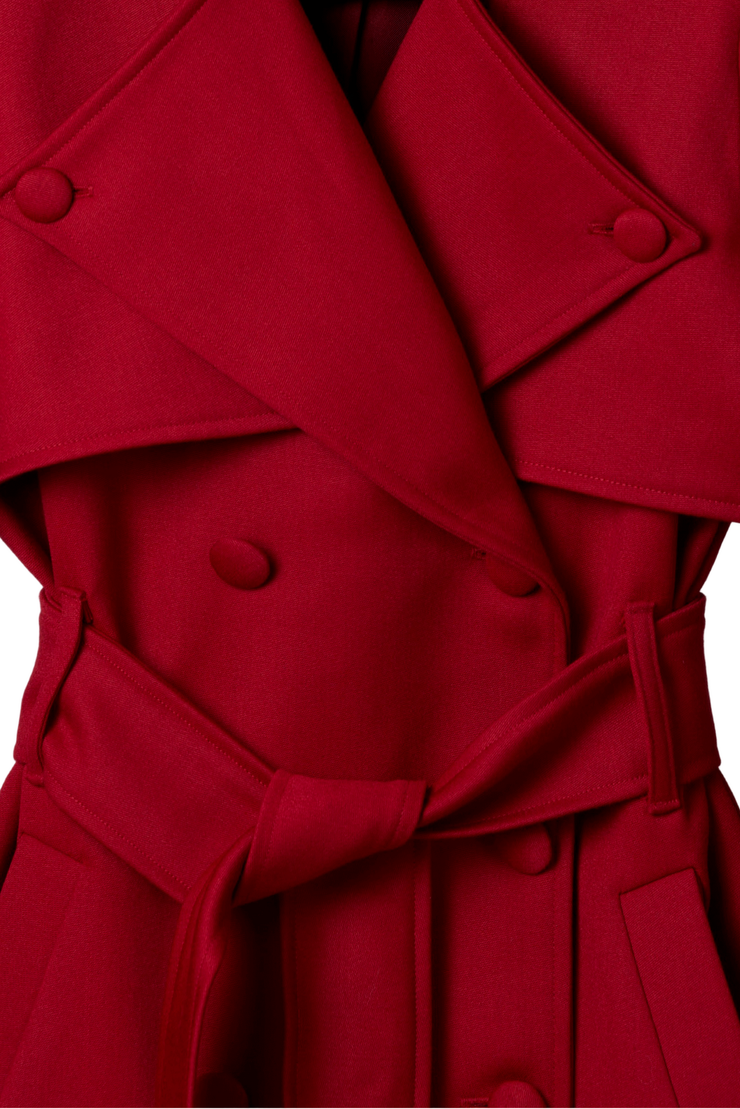 Red short wool trench coat for women Sculpted Grace by Gorina Atelier front detailed view