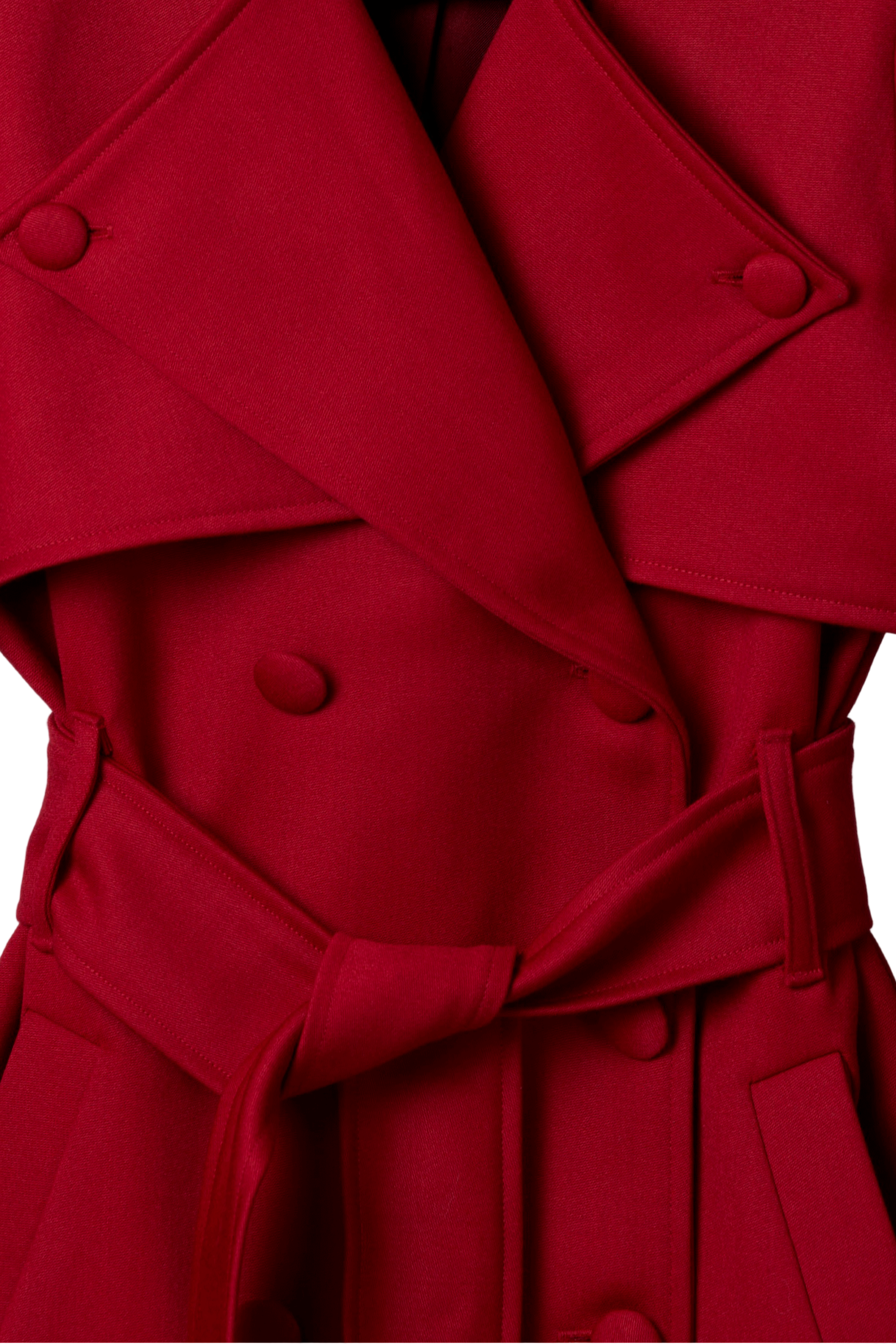 Red short wool trench coat for women Sculpted Grace by Gorina Atelier front detailed view