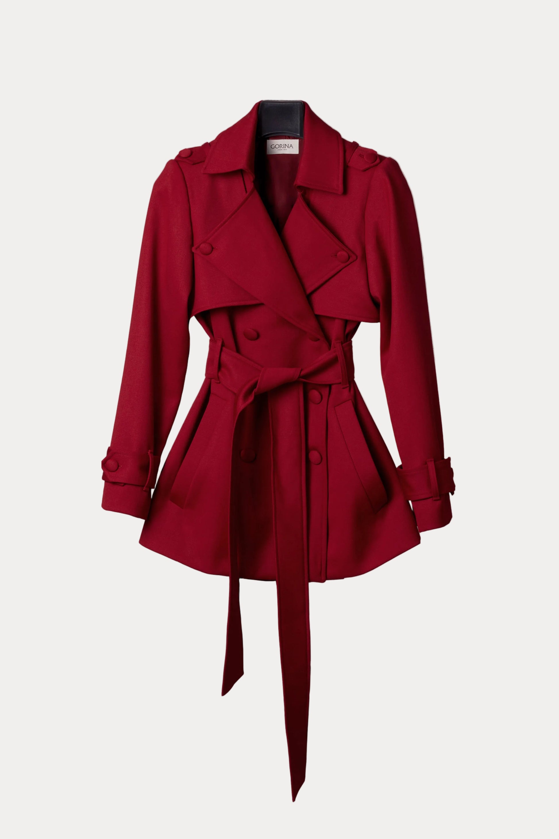 Red short wool trench coat for women Sculpted Grace by Gorina Atelier front view