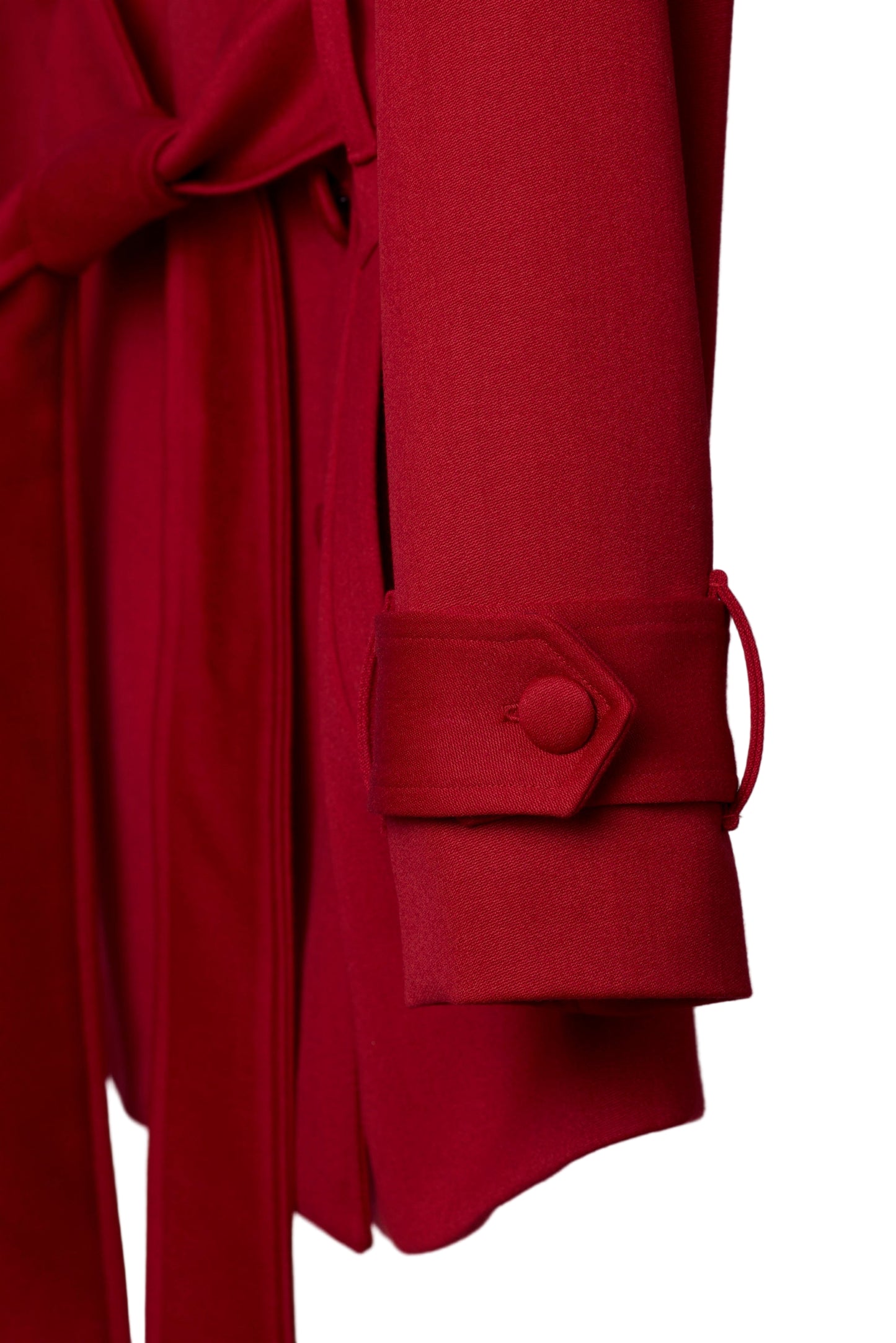 Red short wool trench coat for women Sculpted Grace by Gorina Atelier front view sleeve detail