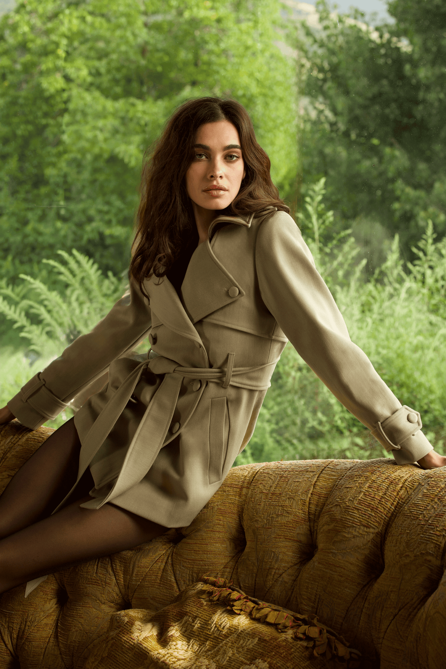 Beige short wool trench coat for women Sculpted Grace by Gorina Atelier front view with model