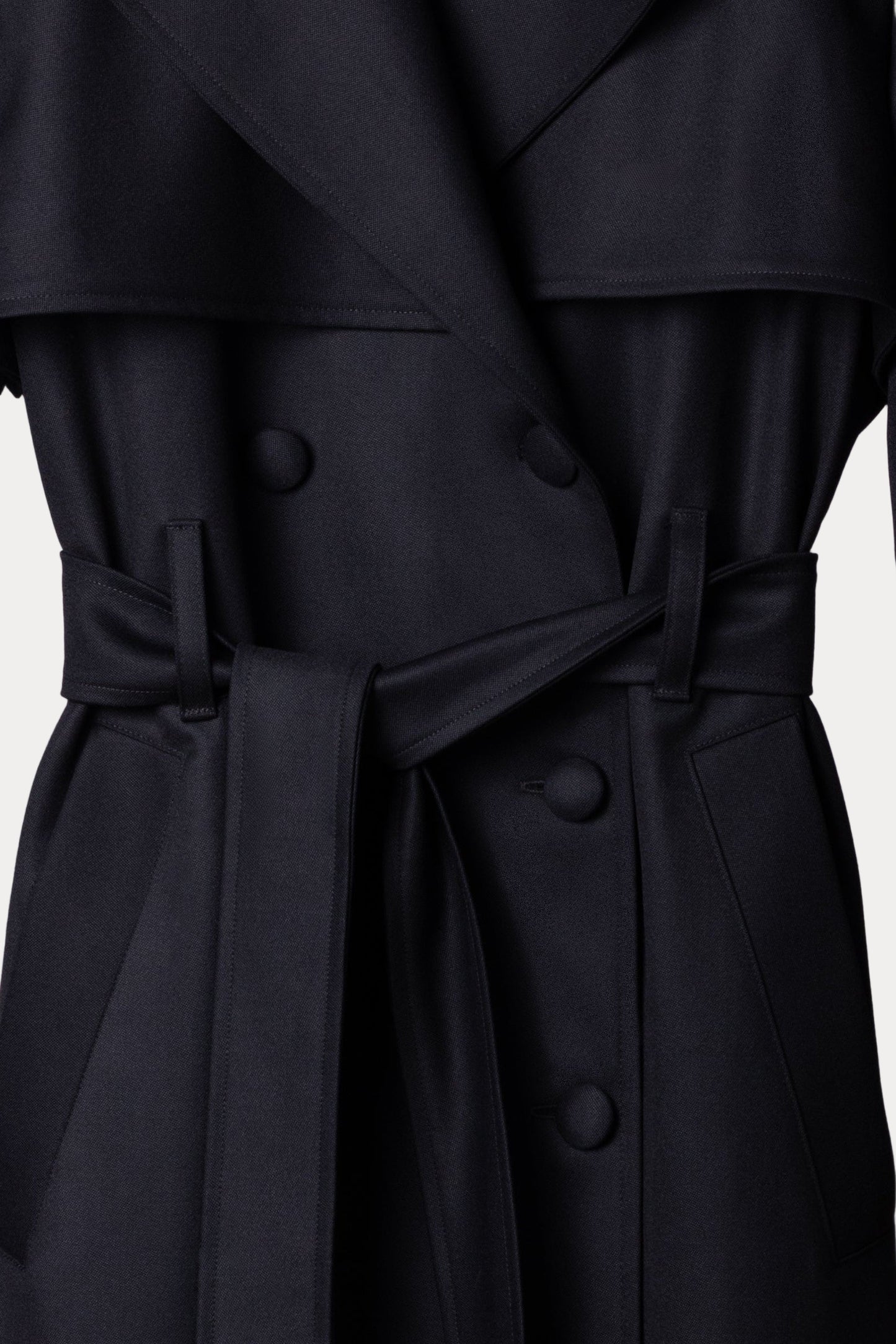 Black wool trench coat for women Nocturna by Gorina Atelier front view detail