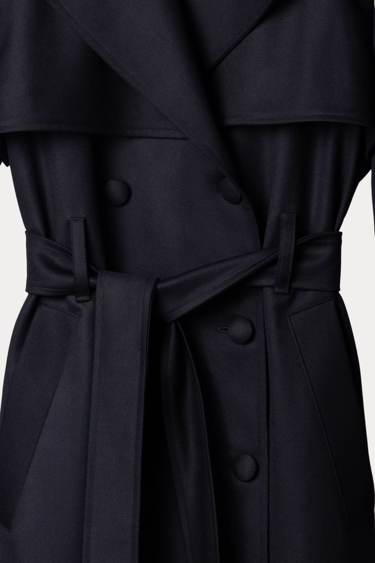 Black wool trench coat for women Nocturna by Gorina Atelier front view detail