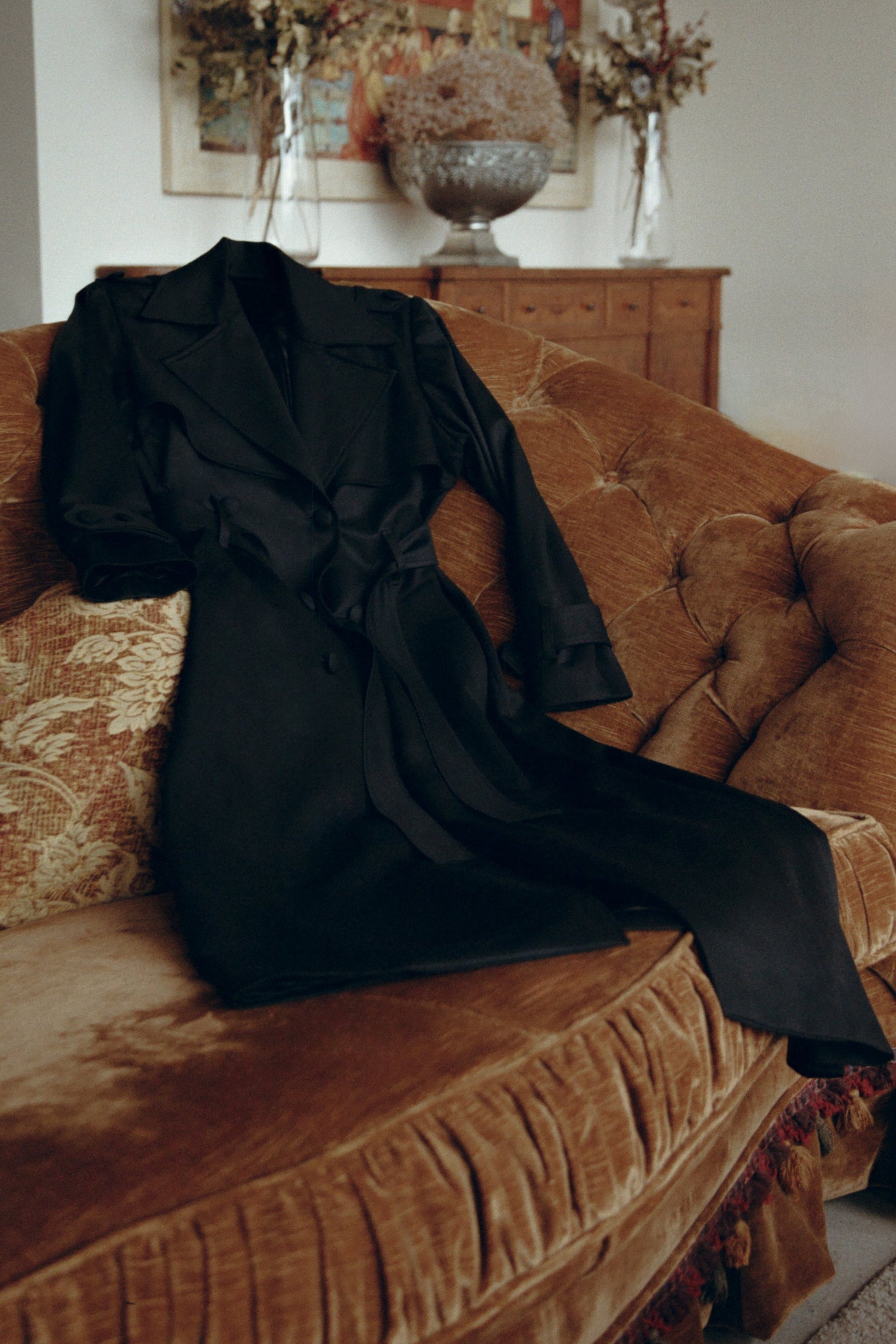 Black wool trench coat for women Nocturna by Gorina Atelier front view flat