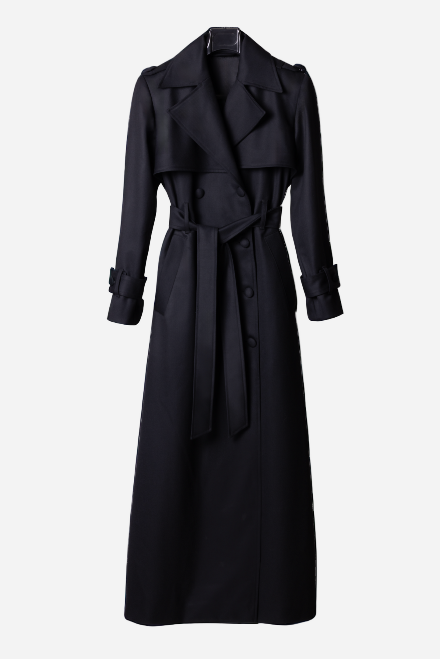 Black wool trench coat for women Nocturna by Gorina Atelier front view