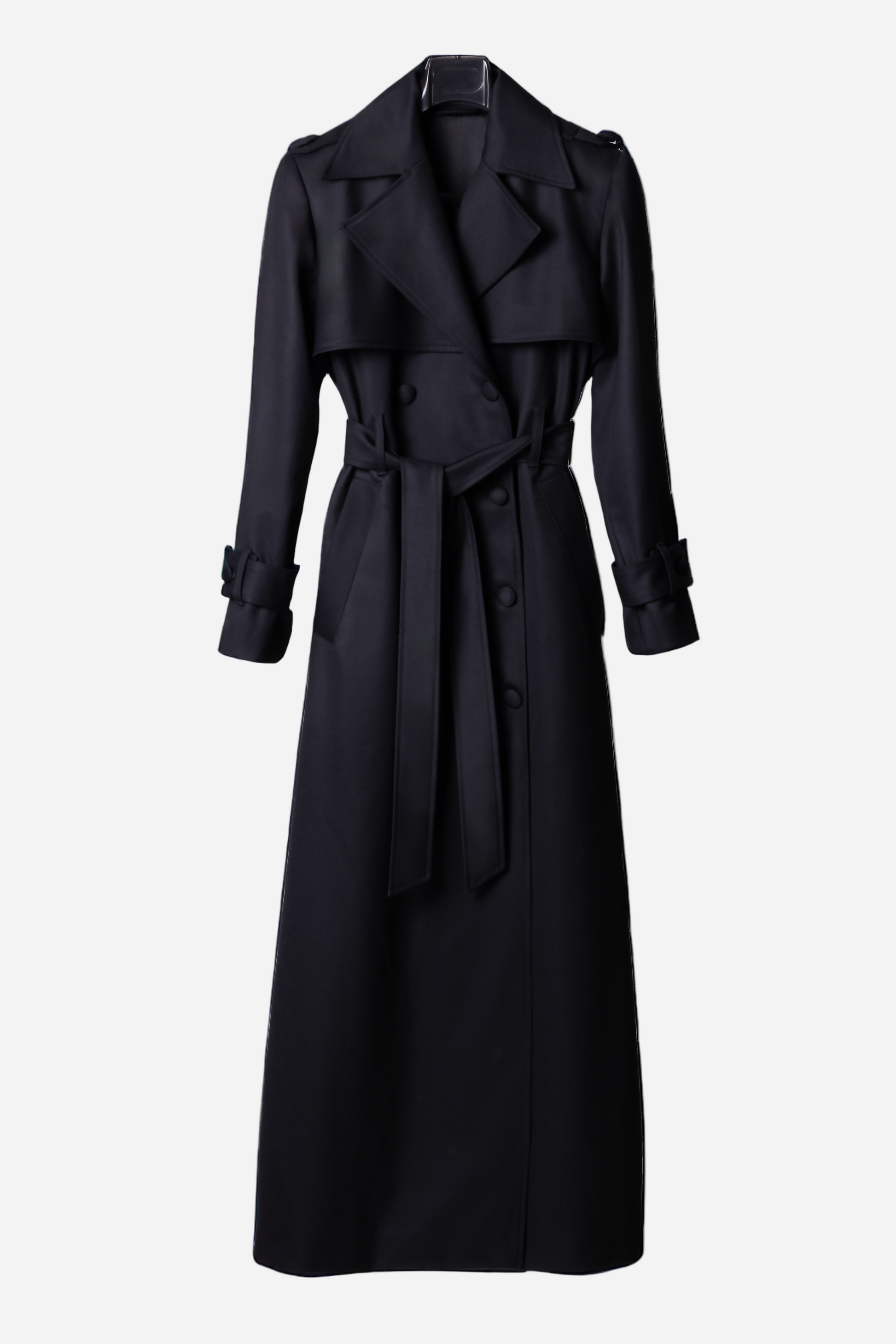 Black wool trench coat for women Nocturna by Gorina Atelier front view