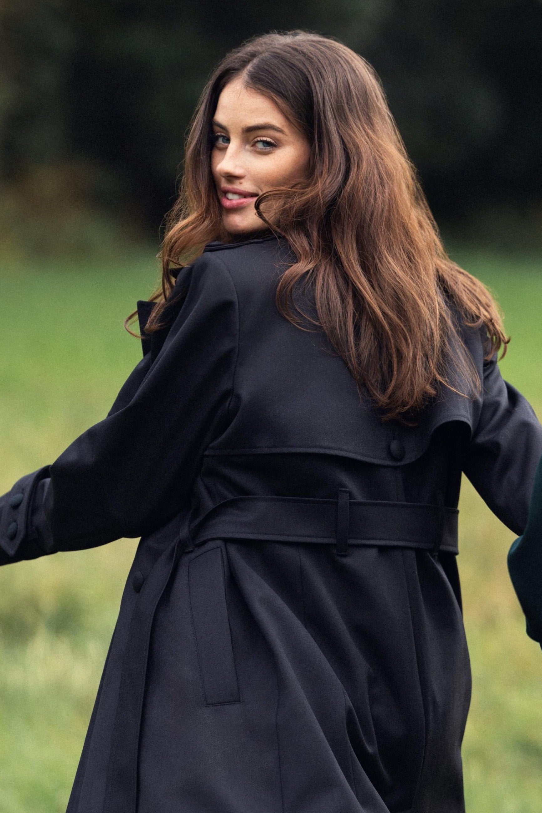 Black wool trench coat for women Nocturna by Gorina Atelier back view with model