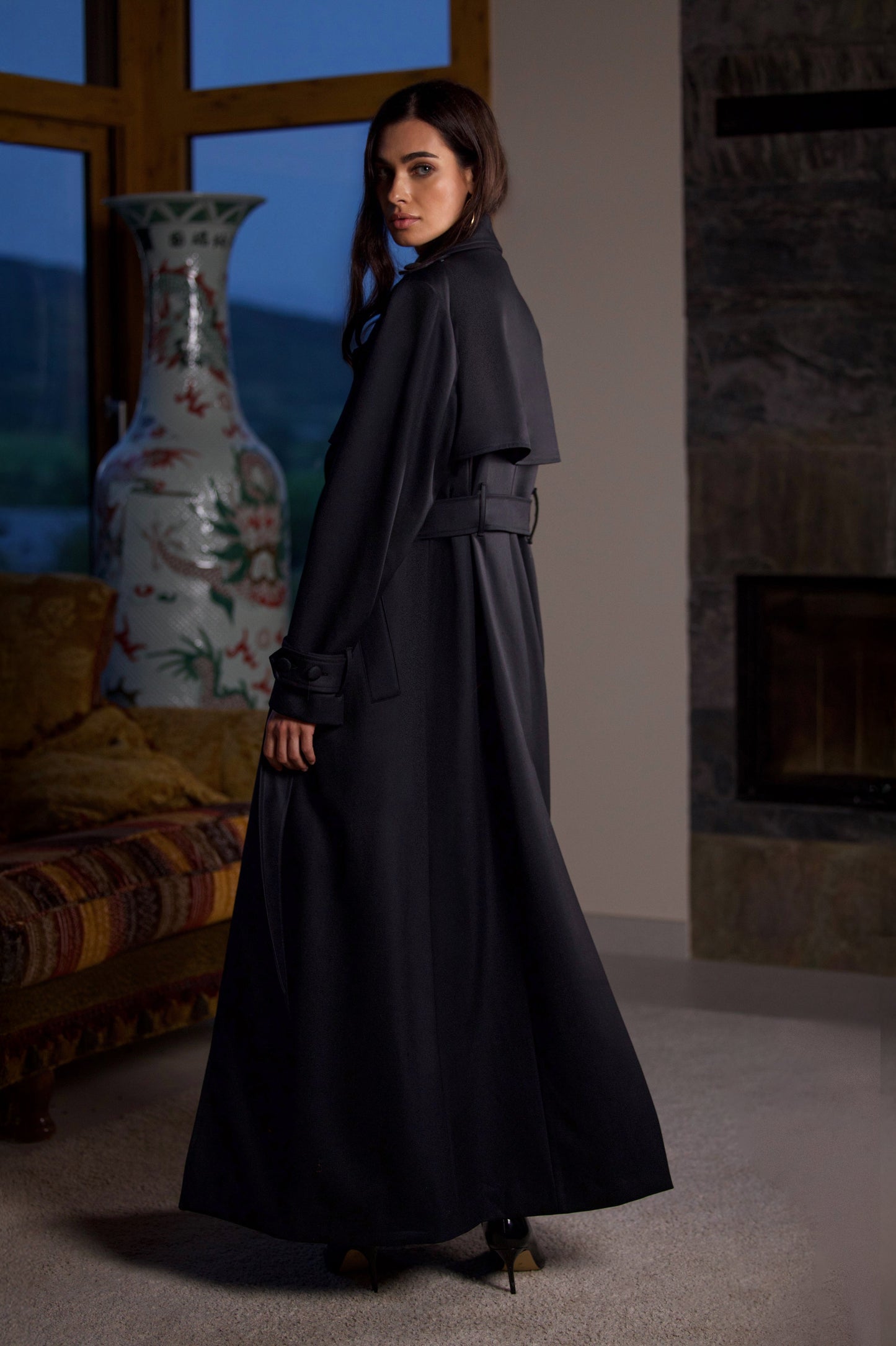 Black wool trench coat for women Nocturna by Gorina Atelier profile view with model